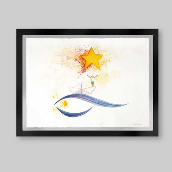 Acuarela original. Titulo: Al infinito. Un niño con los brazos extendidos hacía arriba que hay una estrella con colores detrás. Él está sobre un barco de papel y la síntesis de una ola que a la vez es un ojo. Inspirado en el libro el niño de las estrellas.