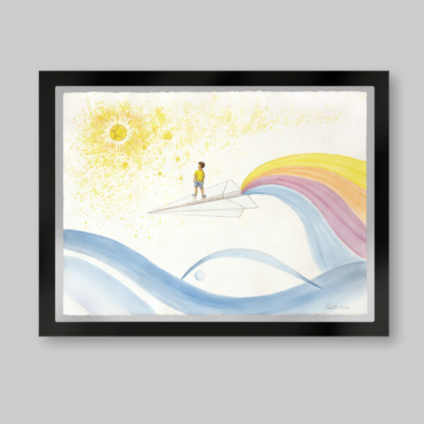 Acuarela original. Titulo: De regreso a casa. Un niño vuela sobre un avión de papel que deja una estela de colores. Arriba un estrella dentro de una esfera y detrás manchas amarillas. Abajo la síntesis de olas y un pez. Inspirado en el libro el niño de las estrellas.