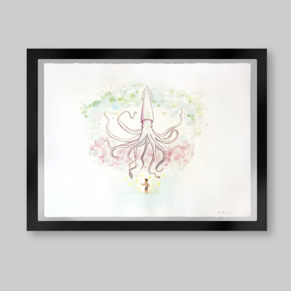 Acuarela original. Titulo: Destino. Un calamar enorme y abajo un niño que emana luz y tiene estrellas alrededor. Detrás manchas de colores. Inspirado en el libro el niño de las estrellas.