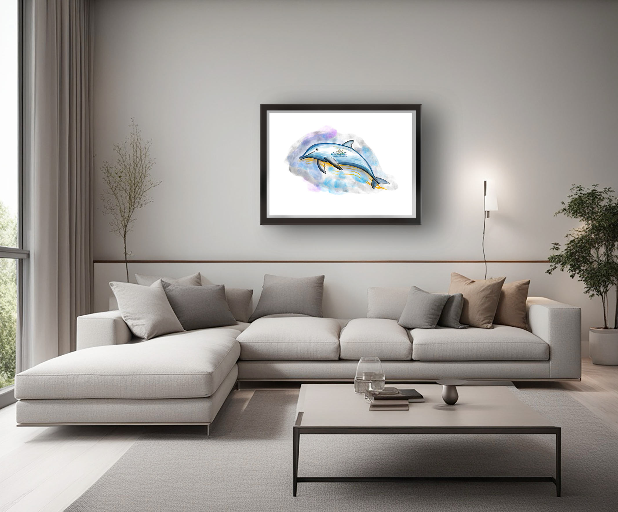 Grabado digital estilo acuarela. Ambientado en sala. Titulo: El delfín de los sueños. El perfil de un delfín sobre un fondo de manchas de acuarela. Dentro de él el dibujo de un amar, un barco de papel y un niño sobre el con el cielo de estrellas. Inspirado en el libro el niño de las estrellas.
