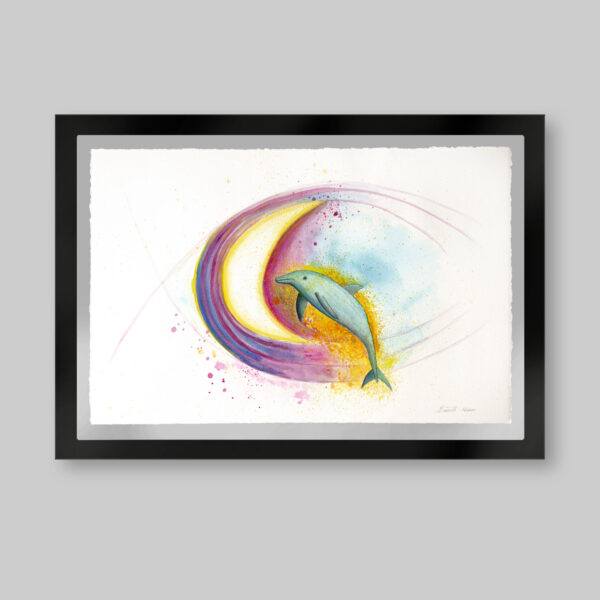 Acuarela original. Titulo: El retorno. Un delfín saltando sobre una explosión de color y detrás una luna nueva con líneas sutiles que forman un pez. Inspirado en el libro el niño de las estrellas.