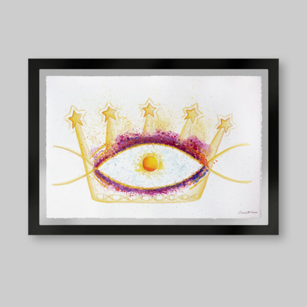 Acuarela original. Titulo: El rey de las estrellas. Una cadena de ADN que en el centro tienen un círculo amarillo como un solo y a la vez parece un ojo. Detrás una corona de cinco puntas y en cada una de ellas una estrella. Inspirado en el libro el niño de las estrellas.