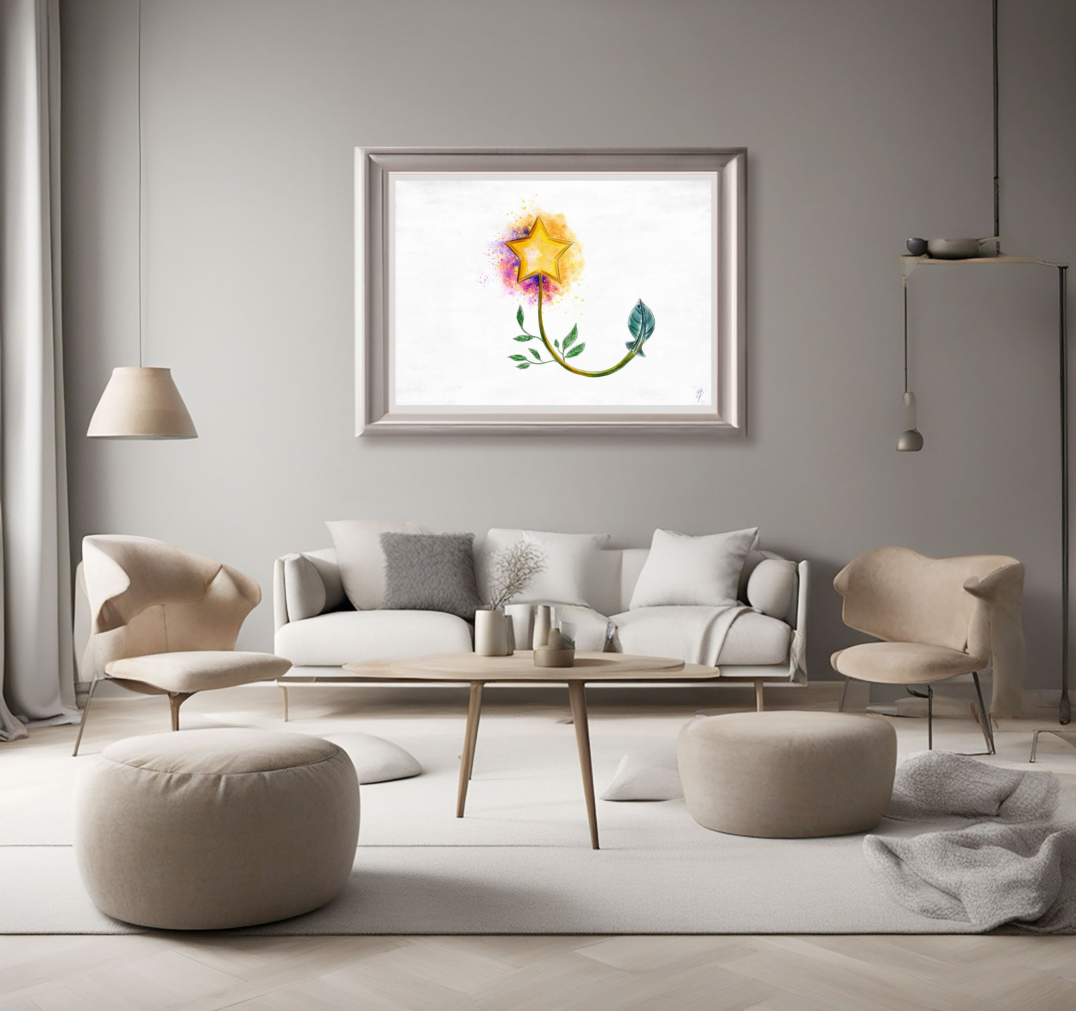 FLOR DE VIDA ESTELAR 3 Grabado digital estilo acuarela. Ambientada en sala. Titulo: Flor de vida estelar. Imagen minimalista de fondo blanco y en el centro una estrella rodeada de colores. la que brota de una rama y al otro extremo una hoja en forma de pez. Inspirado en el libro el niño de las estrellas.
