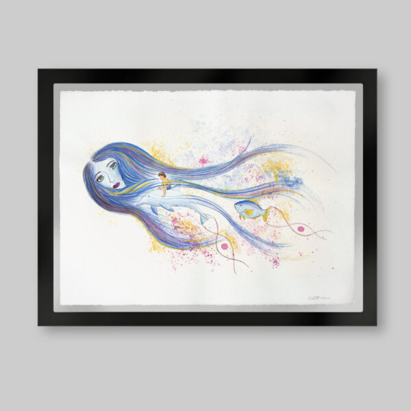 Acuarela original. Titulo: La diosa del mar. Un niño sobre un delfín que deja una estela en forma de ADN con un círculo en el medio. Lo mismo atrás hace un pez. En grande atrás el rostro de una mujer que su pelo ondula con el mar. Inspirado en el libro el niño de las estrellas.