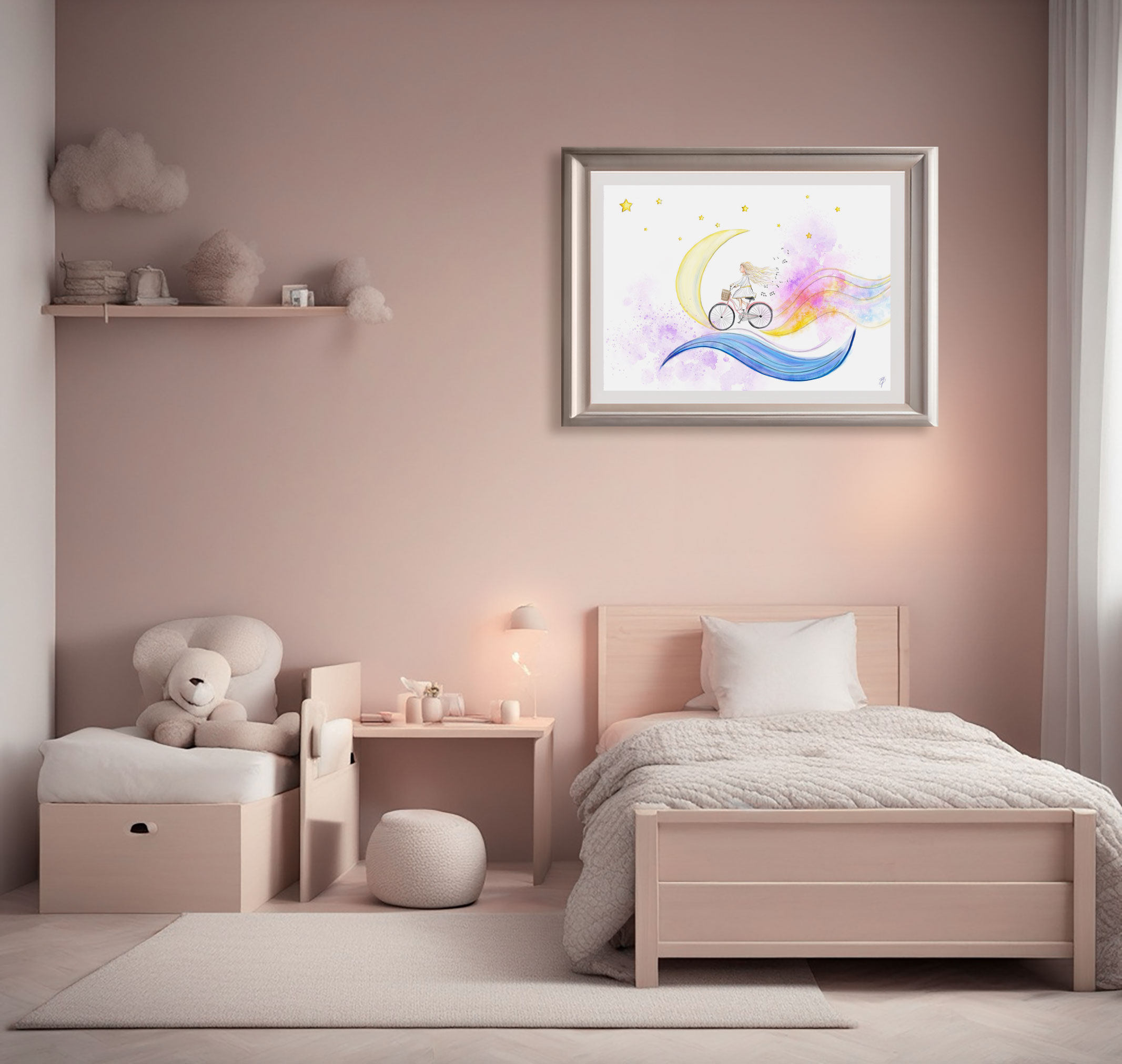 Grabado digital estilo acuarela. Ambientada en sala. Titulo:La niña de las estrellas. Una niña sobre una bicicleta que deja una estela y notas musicales. Detrás la luna y está sobre una síntesis de ola de mar. Al fondo estrellas y acuarelas salpicadas. Inspirado en el libro el niño de las estrellas.