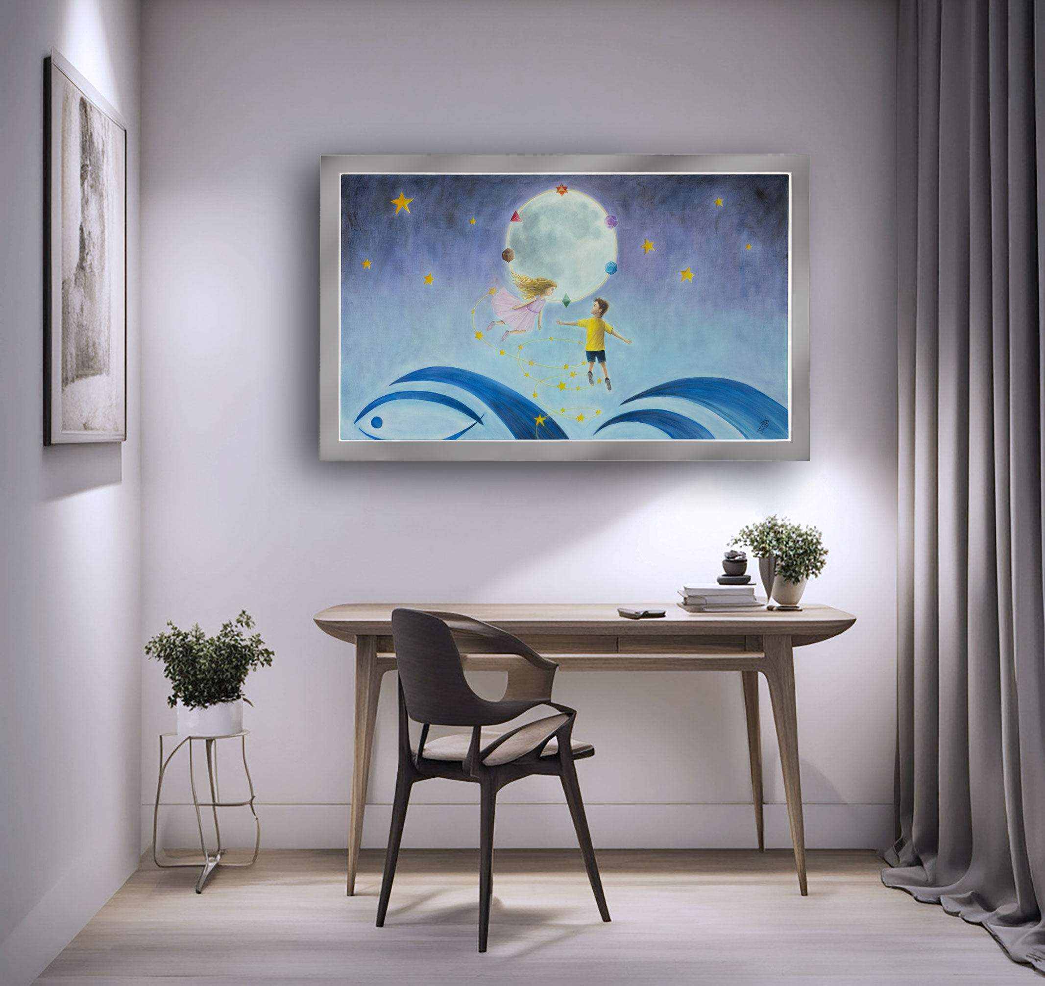 LA NIÑA Y EL NIÑO DE LAS ESTRELLAS 3 Pintura con acrílicos. Ambientado en estudio. Titulo: La niña y el niño de las estrellas. Ambos niños en una espiral de estrellas y atrás la luna con los sólidos platónicos alrededor. Inspirado en el libro el niño de las estrellas.