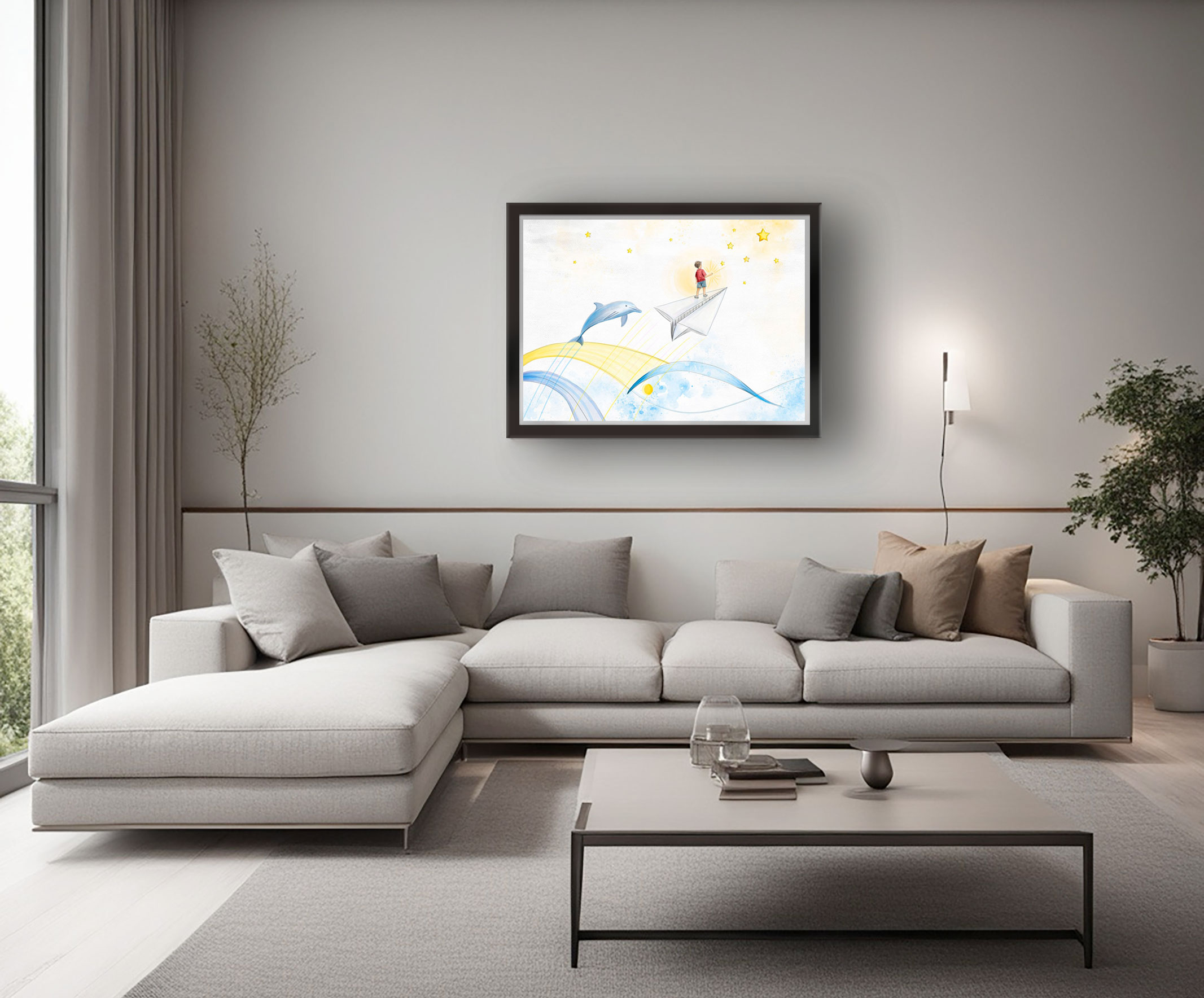 Grabado digital estilo acuarela. Ambientada en sala. Titulo:Luz de estrellas. Un niño sobre un papel de avión que viaja hacía las estrellas. Detrás un delfín que vuela sobre una síntesis de olas y que forman un pez. Inspirado en el libro el niño de las estrellas.