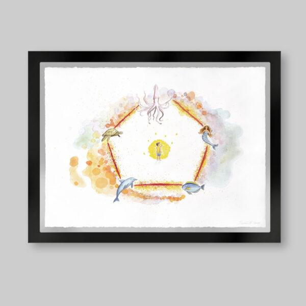 Acuarela original. Titulo: Magia ancestral. Un pentágono de colores y en cda vértice una figura: La sirena, el calamar, la tortuga de mar, el delfín y el pez. Inspirado en el libro el niño de las estrellas.