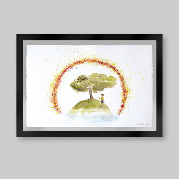 Acuarela original. Titulo: Sabiduría. Una tortuga de mar sobre un árbol en una isla y un niño mirándola y en su mano una luz como de estrella. Alrededor un semi arco de colores y abajo el mar. Inspirado en el libro el niño de las estrellas.