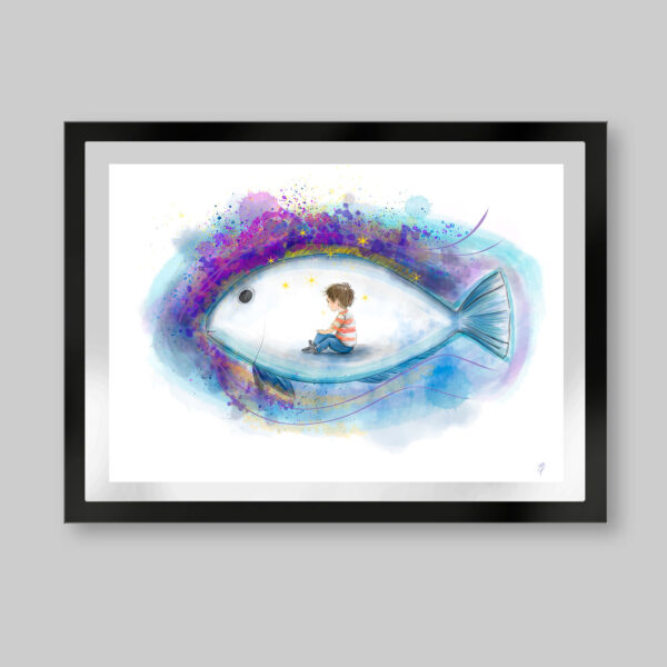 Grabado digital estilo acuarela. Titulo: Sueños de libertad. Un niño sentado dentro de la silueta d e un pez. Detrás colores salpicados. Inspirado en el libro el niño de las estrellas.