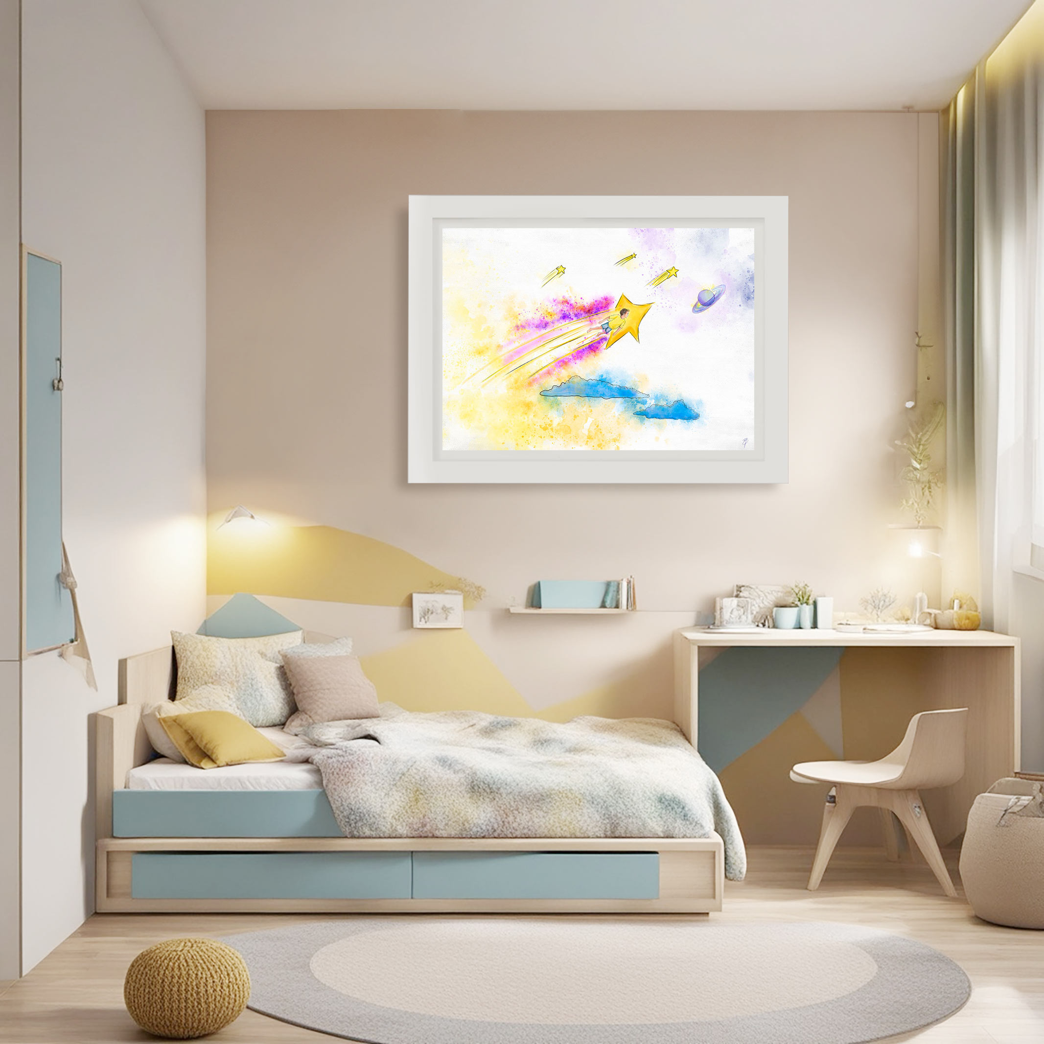 Grabado digital estilo acuarela. Titulo: Vuela al infinito. Ambientada en cuarto infantil. Un niño vuela dentro de una estrella fugaz que deja una estela de colores. Abajo unas nubes y arriba un planeta a lo lejos. Inspirado en el libro el niño de las estrellas.