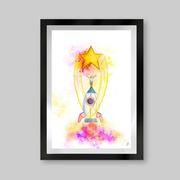 Grabado digital estilo acuarela. Titulo: A las estrellas. Un niño con los brazos extendidos hacía arriba sobre un cohete. En cima una estrella que deja una estela cruzada. El fondo de manchas de colores a suerte de propulsión. Inspirado en el libro el niño de las estrellas.