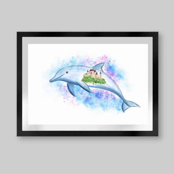 Grabado digital estilo acuarela. Titulo: Castillo mágico. Imagen minimalista con un delfín con fondo de colores azules y fucsias salpicados. Dentro del delfín se ve una castillo y un niño que lo mira de lejos. Inspirado en el libro el niño de las estrellas.