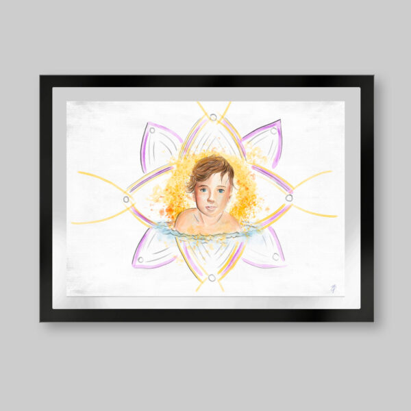 Grabado digital estilo acuarela. Titulo: El rey de los sueños. El torso saliendo del agua dentro de una figura formada por una cadena de ADN de manera vertical, horizontal y diagonal que dan la apariencia de flor. Inspirado en el libro el niño de las estrellas.