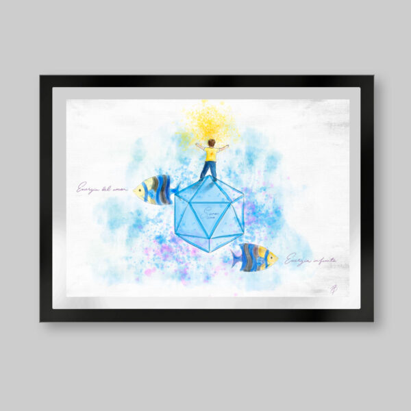 Grabado digital estilo acuarela. Titulo: Energía del amor. Un niño sobre un icosaerdo con los brazos extendidos hacía arriba. A ambos lados un pez de espaldas mirando cada uno al titulo escrito a ambos lados. Inspirado en el libro el niño de las estrellas.