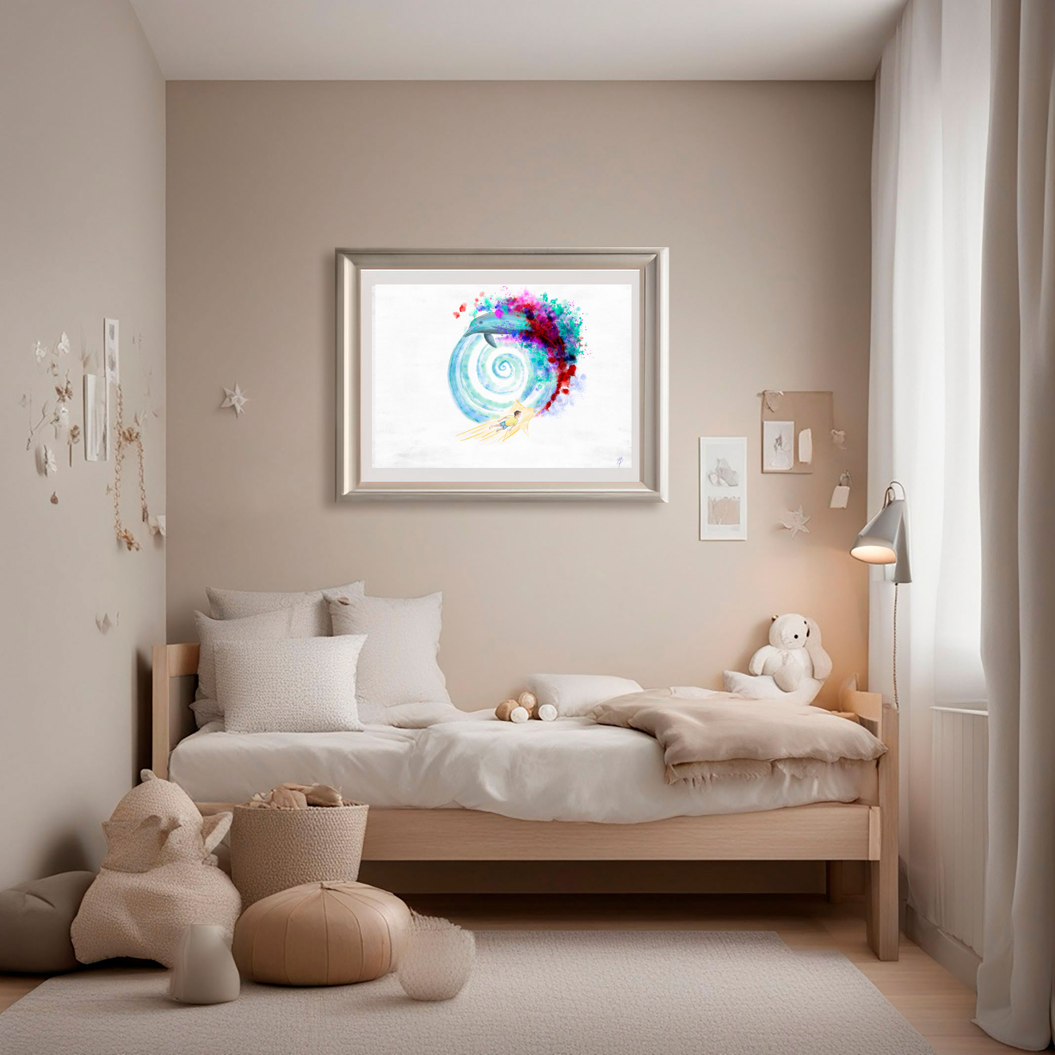 ESPIRAL DE LA VIDA 3 Grabado digital estilo acuarela ambientado en cuarto de niño. Titulo: Espiral de la vida. Imagen minimalista blanca y el centro un remolino de agua en el que esta un delfín con colores salpicados alrededor. Abajo en el remolino un niño dentro de una estrella. Inspirado en el libro el niño de las estrellas.