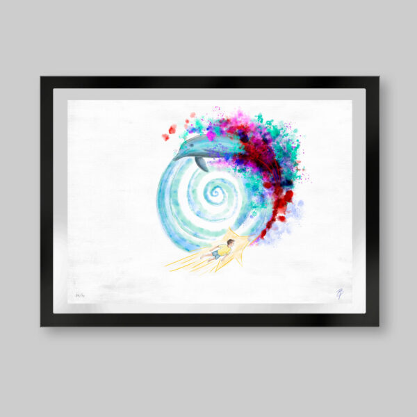 Grabado digital estilo acuarela. Titulo: Espiral de la vida. Imagen minimalista blanca y el centro un remolino de agua en el que esta un delfín con colores salpicados alrededor. Abajo en el remolino un niño dentro de una estrella. Inspirado en el libro el niño de las estrellas.