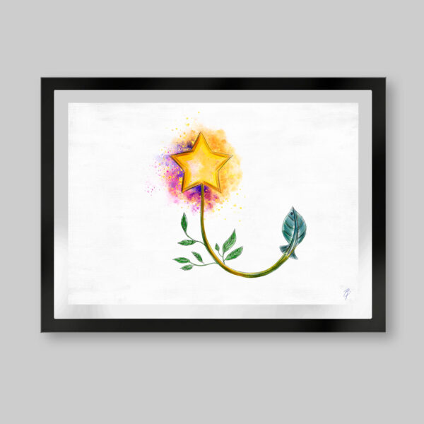 Grabado digital estilo acuarela. Titulo: Flor de vida estelar. Imagen minimalista de fondo blanco y en el centro una estrella rodeada de colores. la que brota de una rama y al otro extremo una hoja en forma de pez. Inspirado en el libro el niño de las estrellas.