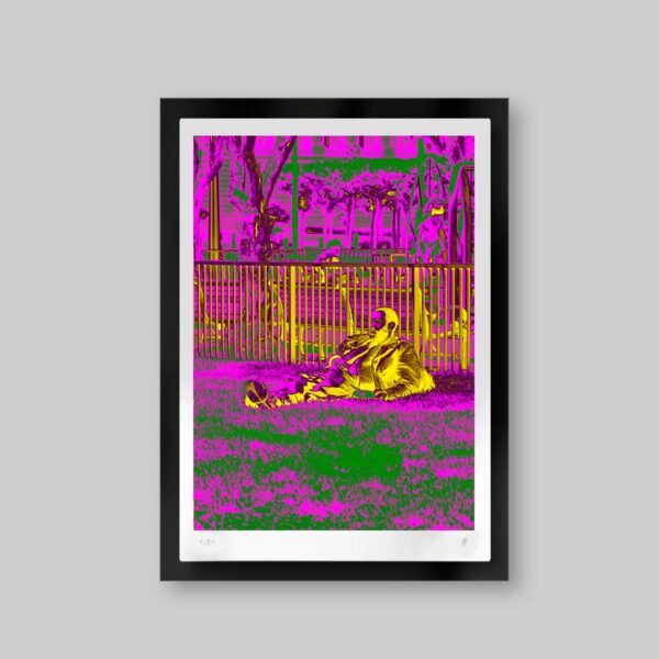 Fotoarte digital. Paleta de tonos audaces y vibrantes. Titulo: Impressionist dreams. Imagen de apariencia impresionista con un hombre sentado en el jardín apoyado en una reja soñando luego de haber comido.
