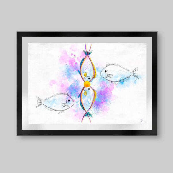 Grabado digital estilo acuarela. Titulo: La creación. La unión de dos peces de perfil de frente forman la cadena de ADN. En el centro un circulo amarillo como un sol y a los costados otros dos peces. Inspirado en el libro el niño de las estrellas.
