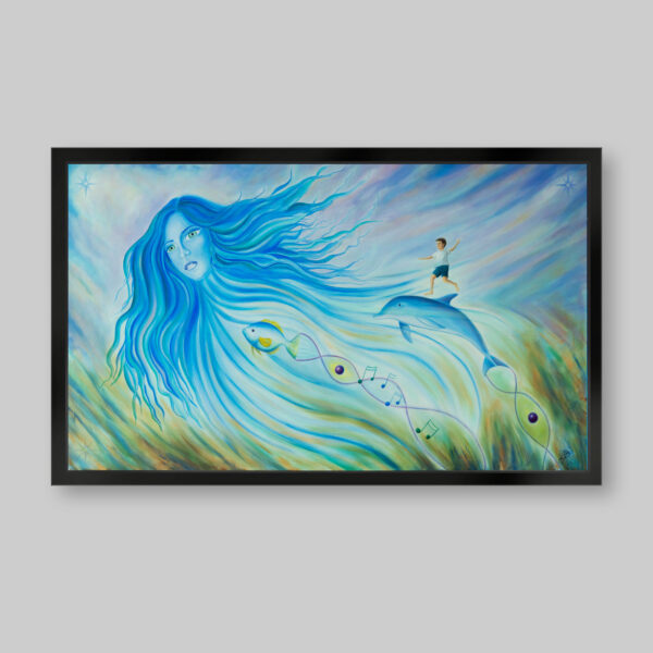 Pintura con acrílicos. Titulo: La diosa de los mares. Imagen de un niño sobre un delfín. También hay un pez en la escena y ambos dejan una estela en forma de cadena de ADN. Detrás el rostro de una mujer con los cabellos en movimiento ondulante. Todo sucede en el mar. Inspirado en el libro el niño de las estrellas.