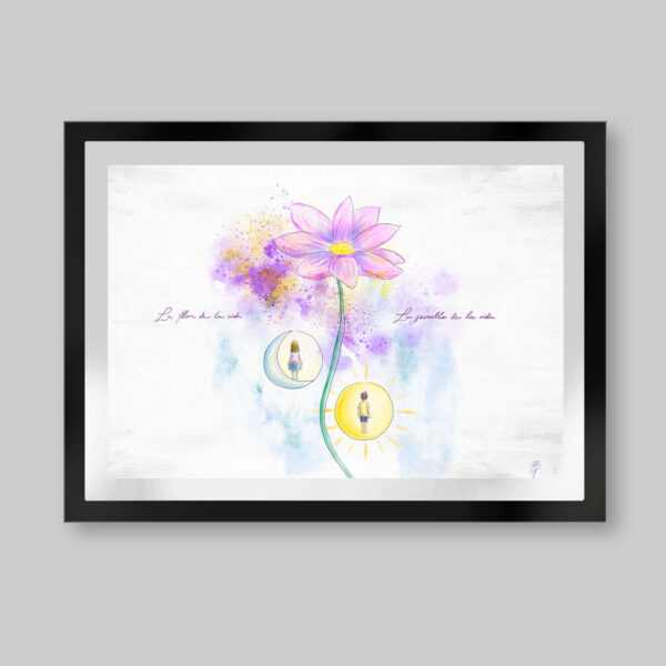 Grabado digital estilo acuarela. Titulo: La flor y la semilla de la vida. Dibujo de flor con tallo central y al cada lado una esfera. En uno un luna nueva con una niña de espaldas. En la otra un sol con un niño de espaldas. El fondo con acuarelas salpicadas. Inspirado en el libro el niño de las estrellas.