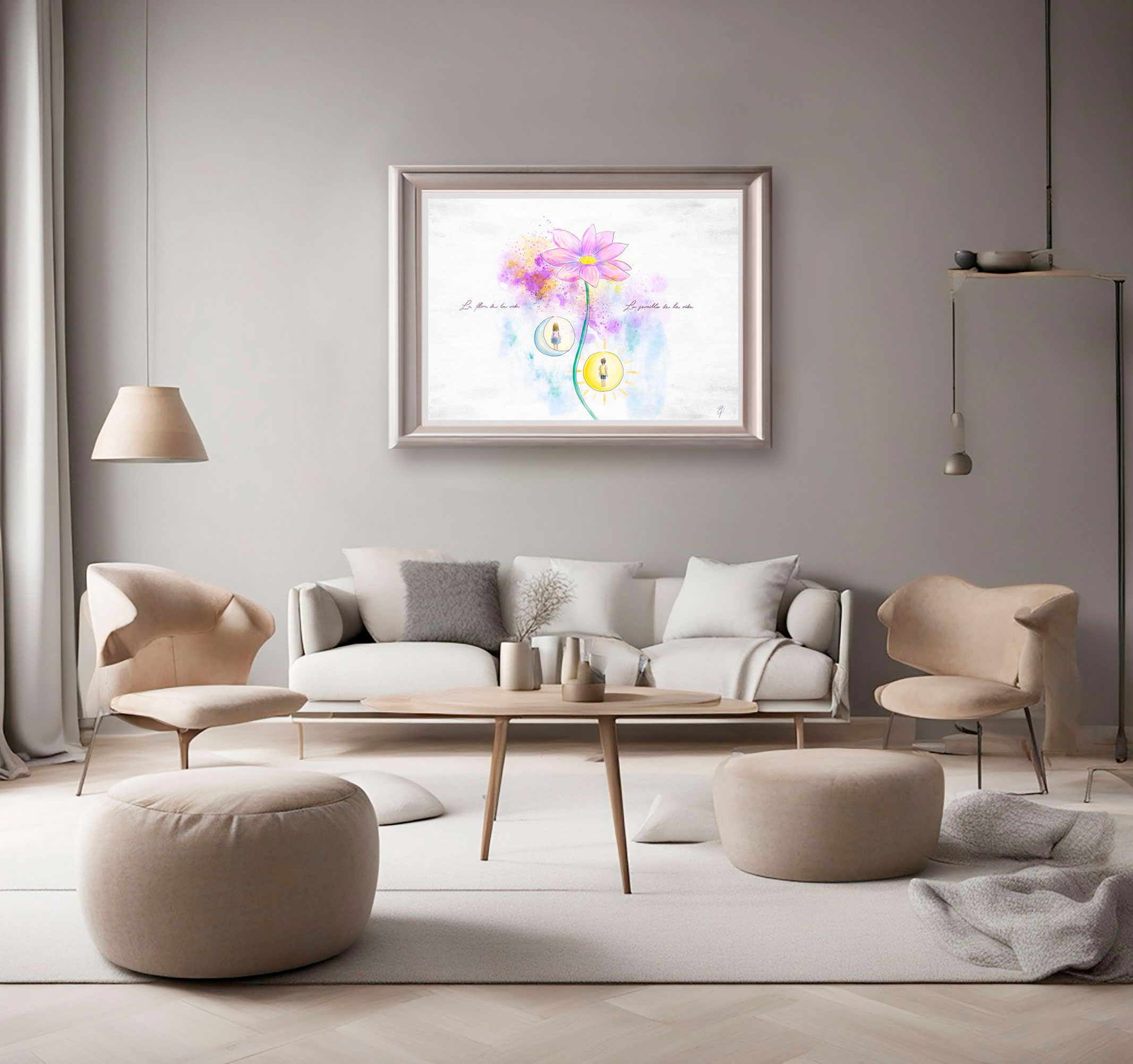 Grabado digital estilo acuarela ambientada en sala. Titulo: La flor y la semilla de la vida. Dibujo de flor con tallo central y al cada lado una esfera. En uno un luna nueva con una niña de espaldas. En la otra un sol con un niño de espaldas. El fondo con acuarelas salpicadas. Inspirado en el libro el niño de las estrellas.
