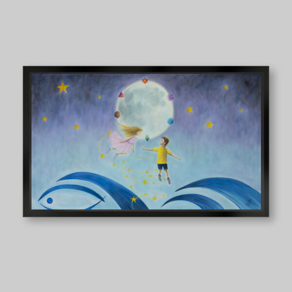 Pintura con acrílicos. Titulo: La niña y el niño de las estrellas. Ambos niños en una espiral de estrellas y atrás la luna con los sólidos platónicos alrededor. Inspirado en el libro el niño de las estrellas.