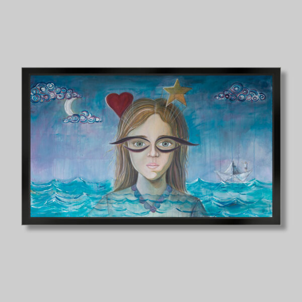 Pintura con acrílicos. Titulo: Lentes para el corazón. Una mujer en un mar movido. Ella mira de frente con unos extraños lentes en forma de infinito, de sus pensamientos sale un corazón y una estrella. Atrás en el mar un barco de papel con un niño con los brazos extendidos y arriba unas nubes y la luna. Inspirado en el libro el niño de las estrellas.