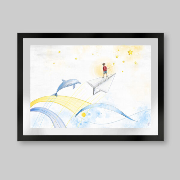 Grabado digital estilo acuarela. Titulo:Luz de estrellas. Un niño sobre un papel de avión que viaja hacía las estrellas. Detrás un delfín que vuela sobre una síntesis de olas y que forman un pez. Inspirado en el libro el niño de las estrellas.