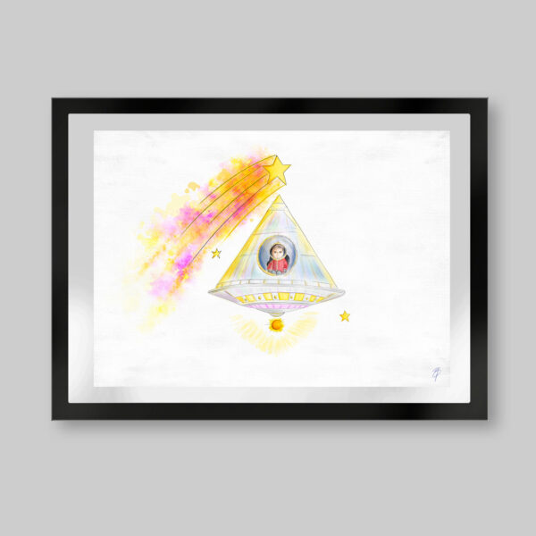 Grabado digital estilo acuarela. Titulo: Niño sideral. Imagen minimalista con un niño en una cápsula espacial que se ve con su traje de astronauta y atrás una estrella fugaz que se corona encima. Inspirado en el libro el niño de las estrellas.