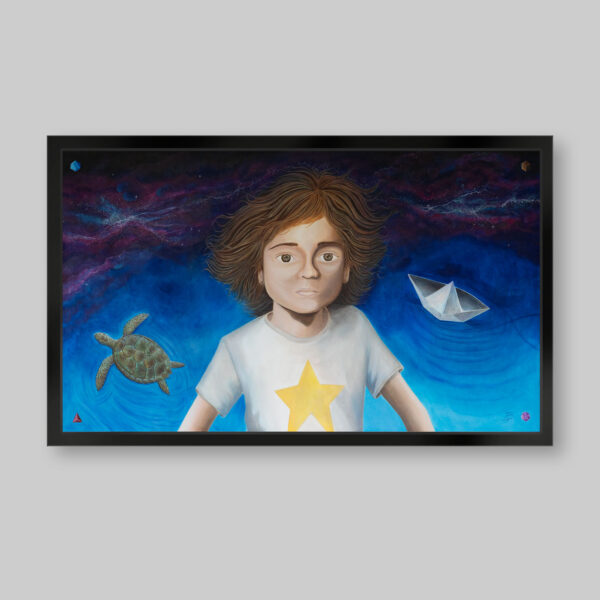 Pintura con acrílicos. Titulo: El príncipe de las estrellas. El rostro de un niño mirando de frente con un polo con una estrella. Atrás el mar con una tortuga, y un barco de papel. En la parte superior una nebulosa de estrellas. Inspirado en el libro el niño de las estrellas.