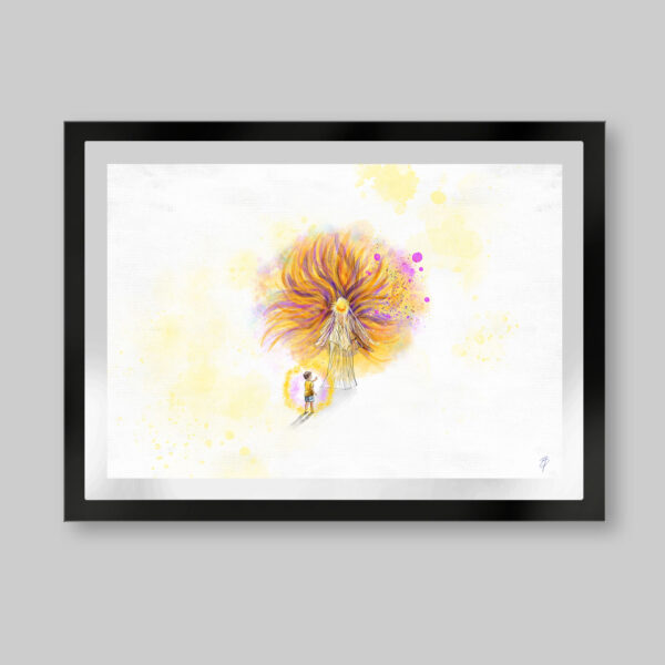 Grabado digital estilo acuarela. Titulo: Ser de luz. Imagen minimalista de fondo blanco y en el centro un ser de luz con túnica blanca que emana luz amarilla y fucsia. Un niño adelante, con una mano en ademan de detenerlo y se está rodeado de luz amarilla. Inspirado en el libro el niño de las estrellas.