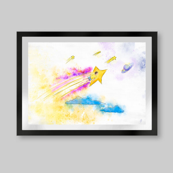Grabado digital estilo acuarela. Titulo: Vuela al infinito. Un niño vuela dentro de una estrella fugaz que deja una estela de colores. Abajo unas nubes y arriba un planeta a lo lejos. Inspirado en el libro el niño de las estrellas.