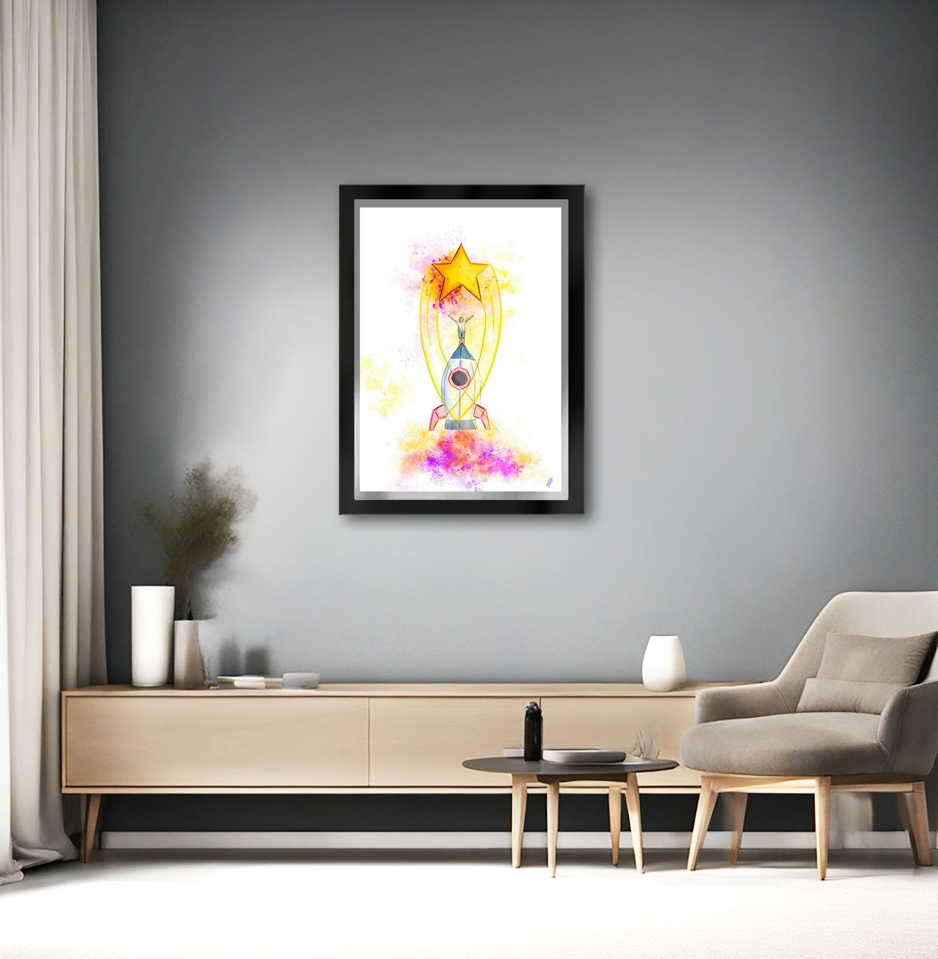 A las estrellas / To the stars, fine Art Giclée Print displayed in a modern home studio.