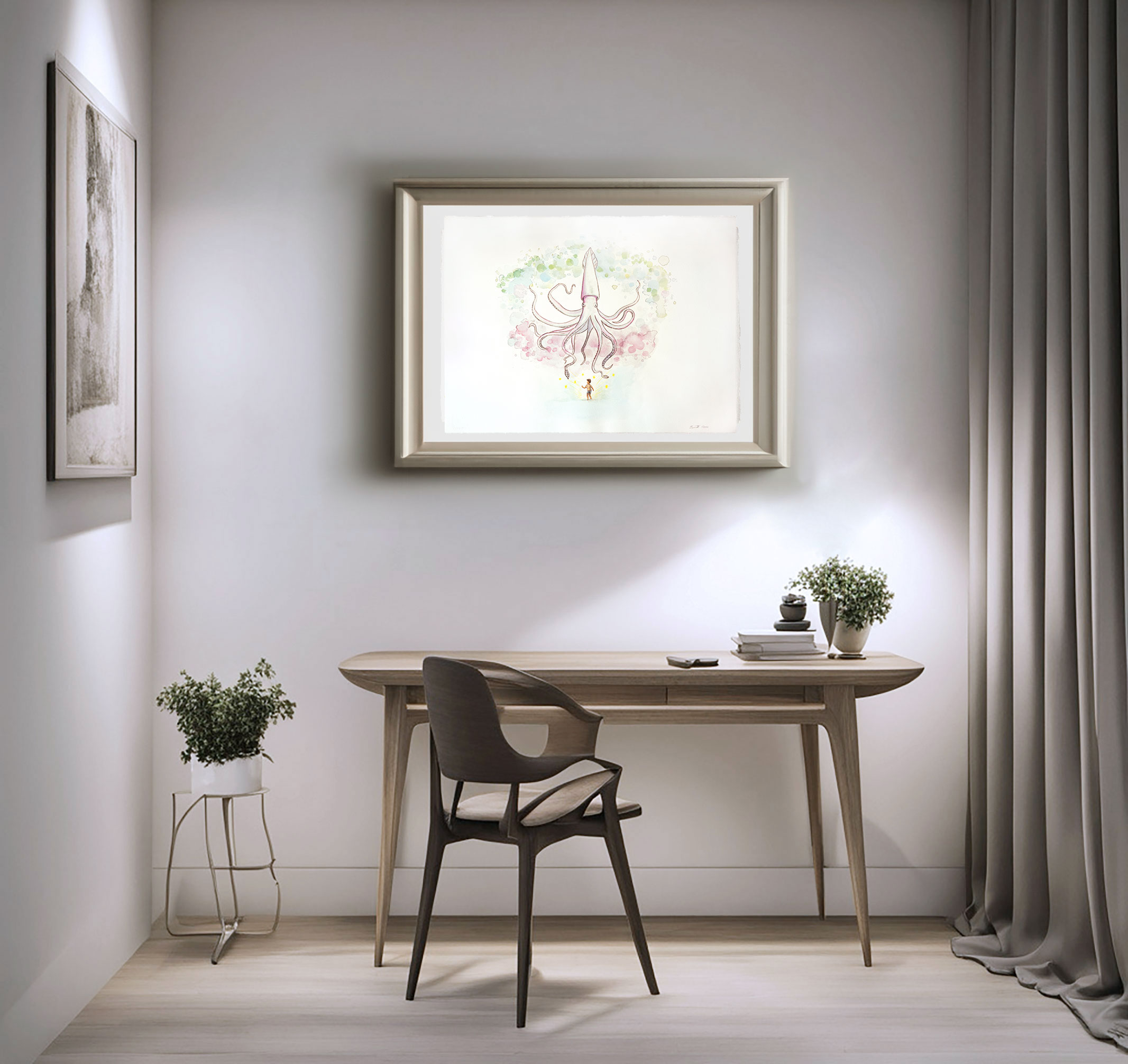Destino / Destiny. Artwork displayed in modern living room – watercolors on 300 g paper framed