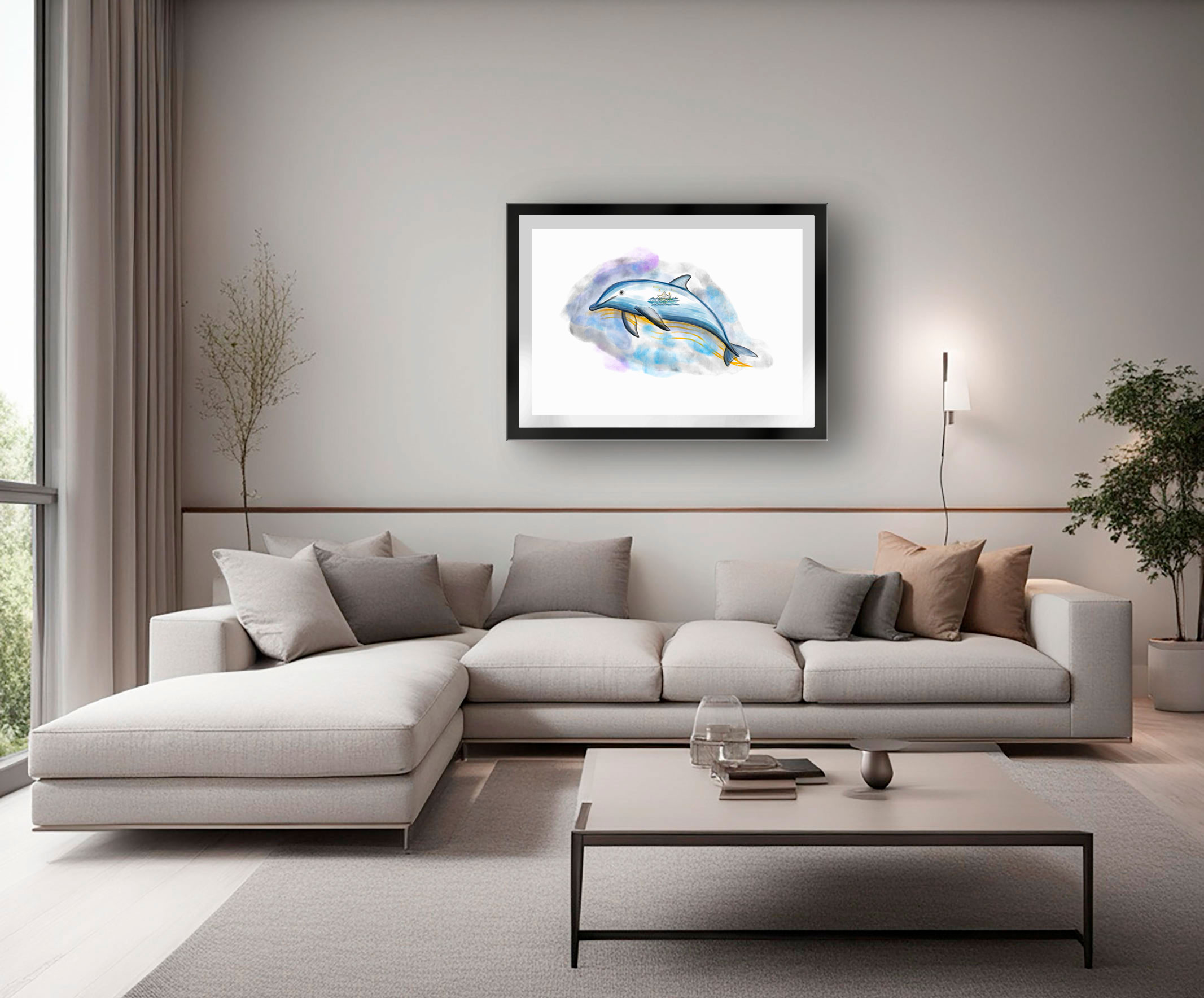 El delfín de los sueños / The Dolphin of Dreams, fine Art Giclée Print displayed in a modern living room.