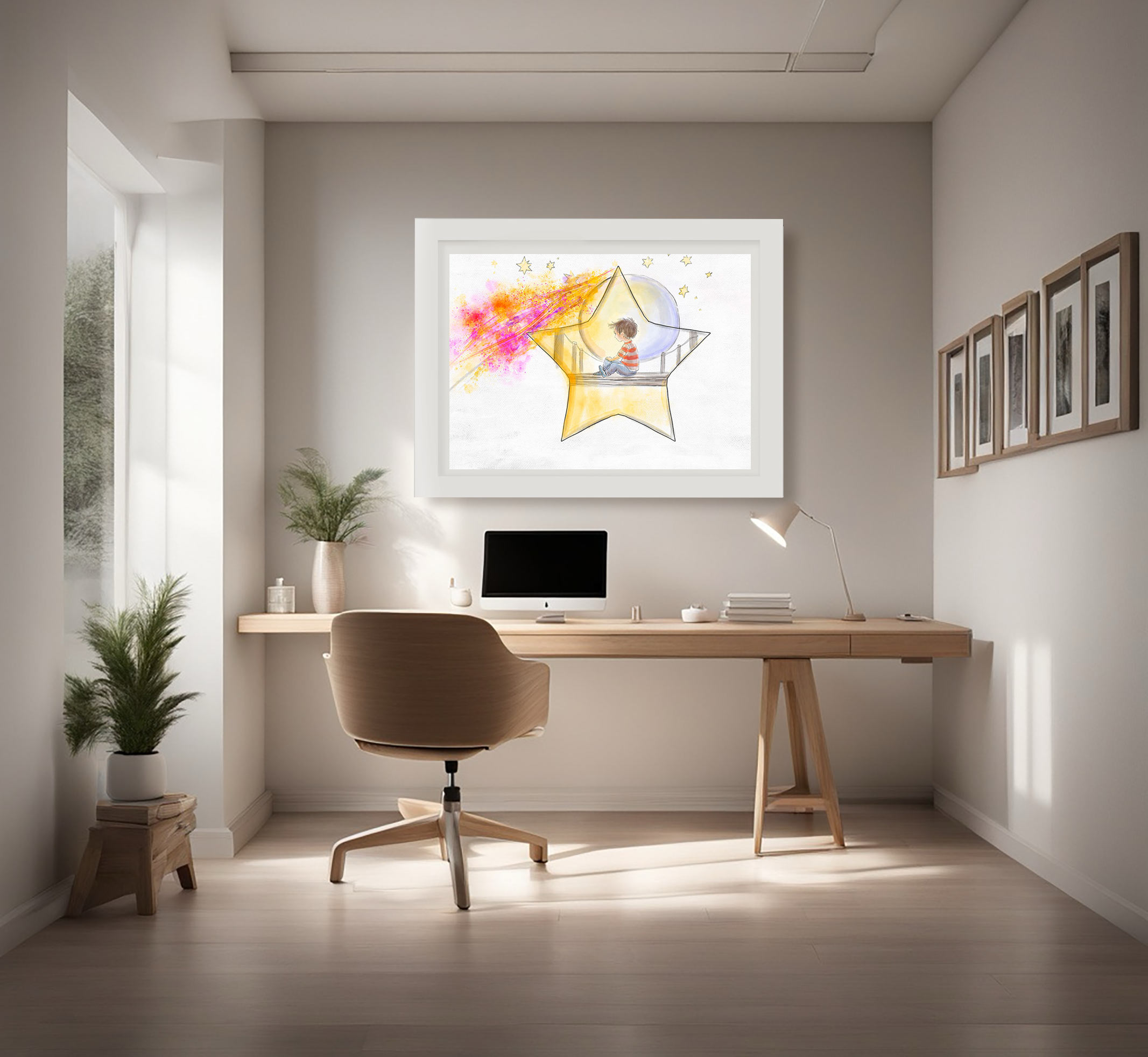 El Muelle Mágico / The Magic Pier, fine Art Giclée Print displayed in a modern home studio.