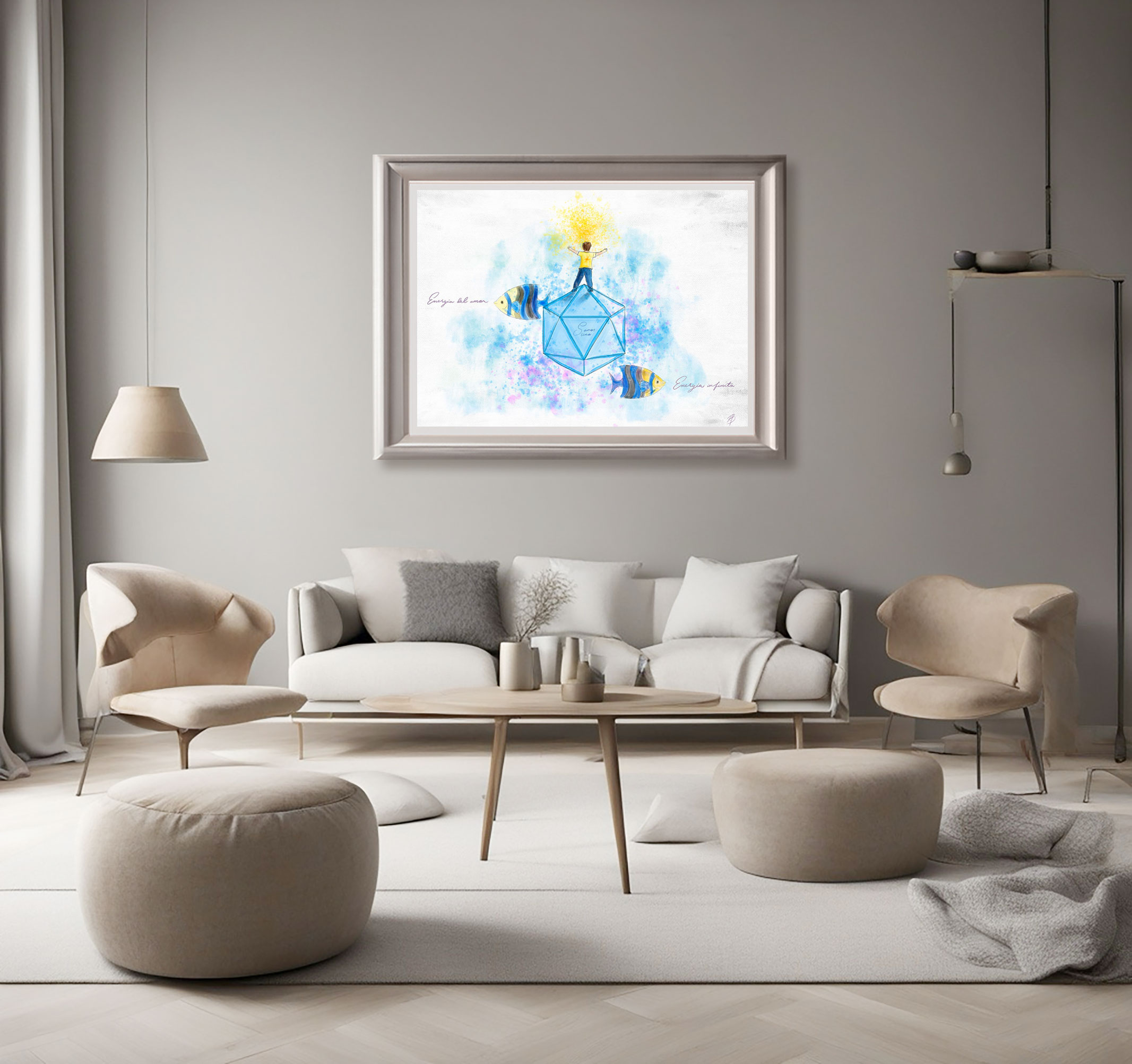 Energía del Amor / Love Energy, fine Art Giclée Print displayed in a modern living room.