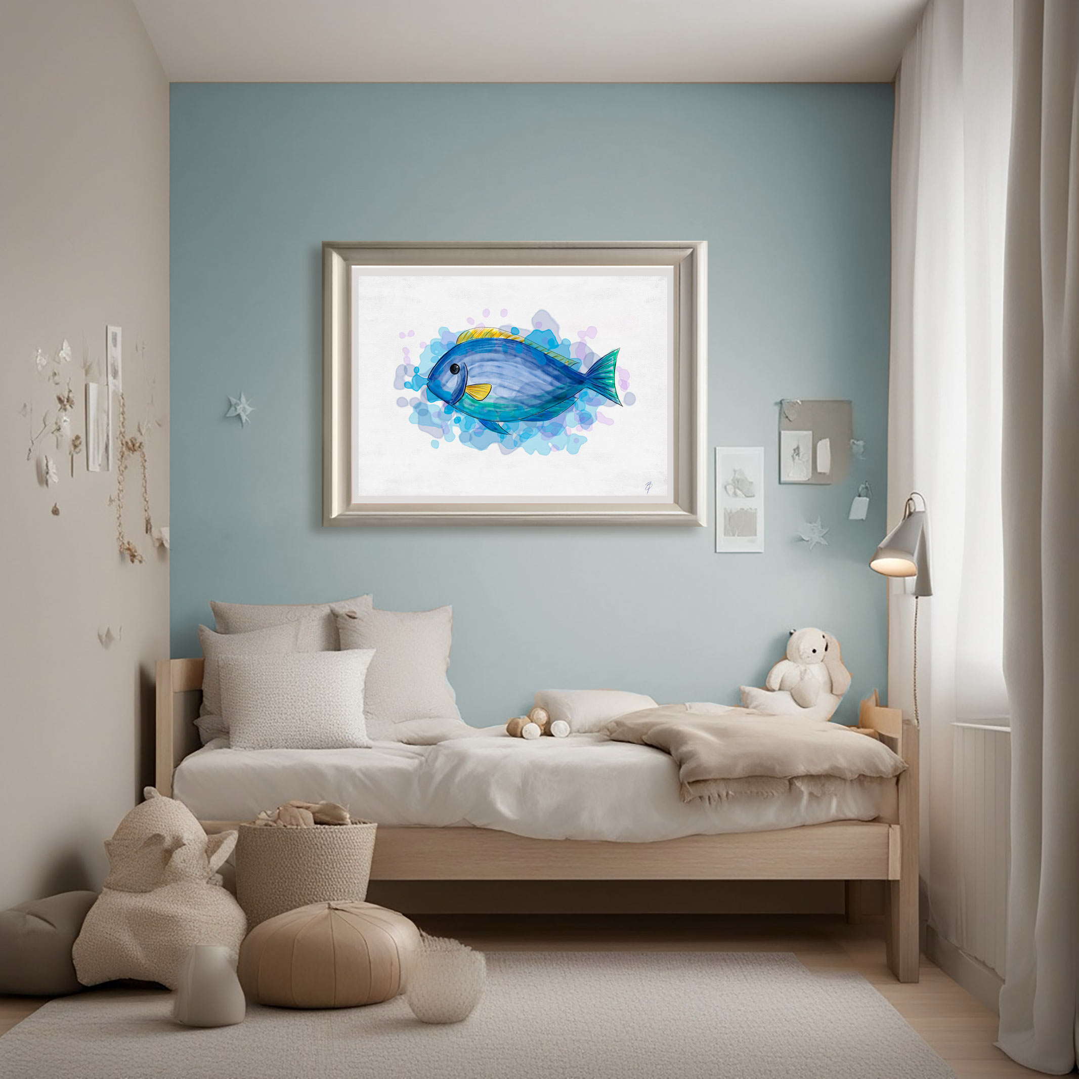 Gran pez / Big fish, fine Art Giclée Print displayed in a modern child's bedroom.