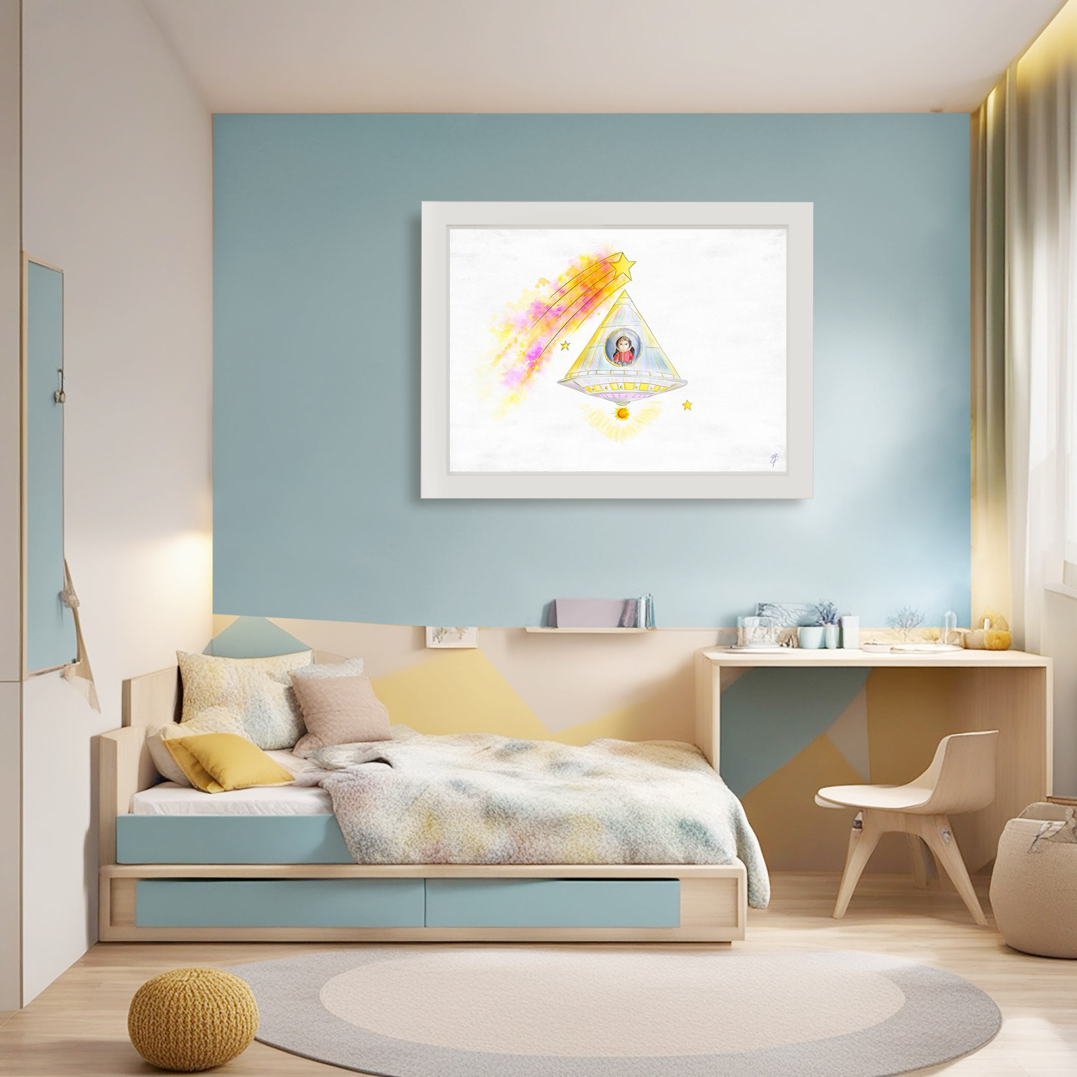 Niño sideral / Sidereal child, fine Art Giclée Print displayed in modern living room.