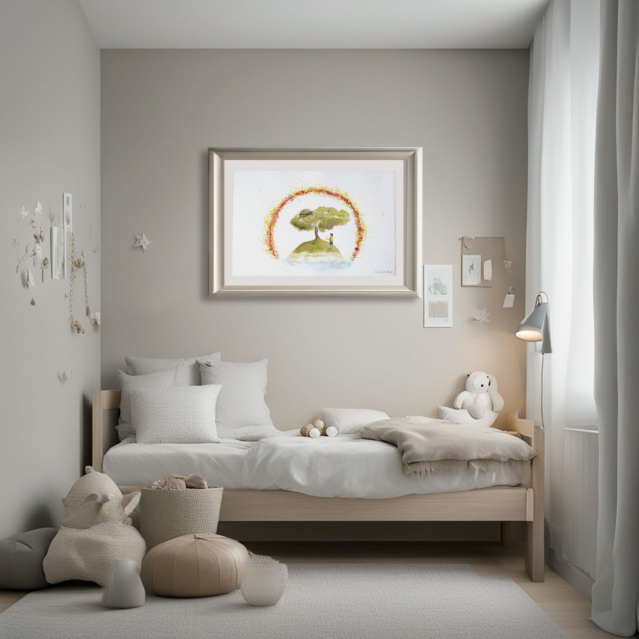 Sabiduría / Wisdom. Artwork displayed in modern living room – watercolors on 300 g paper framed