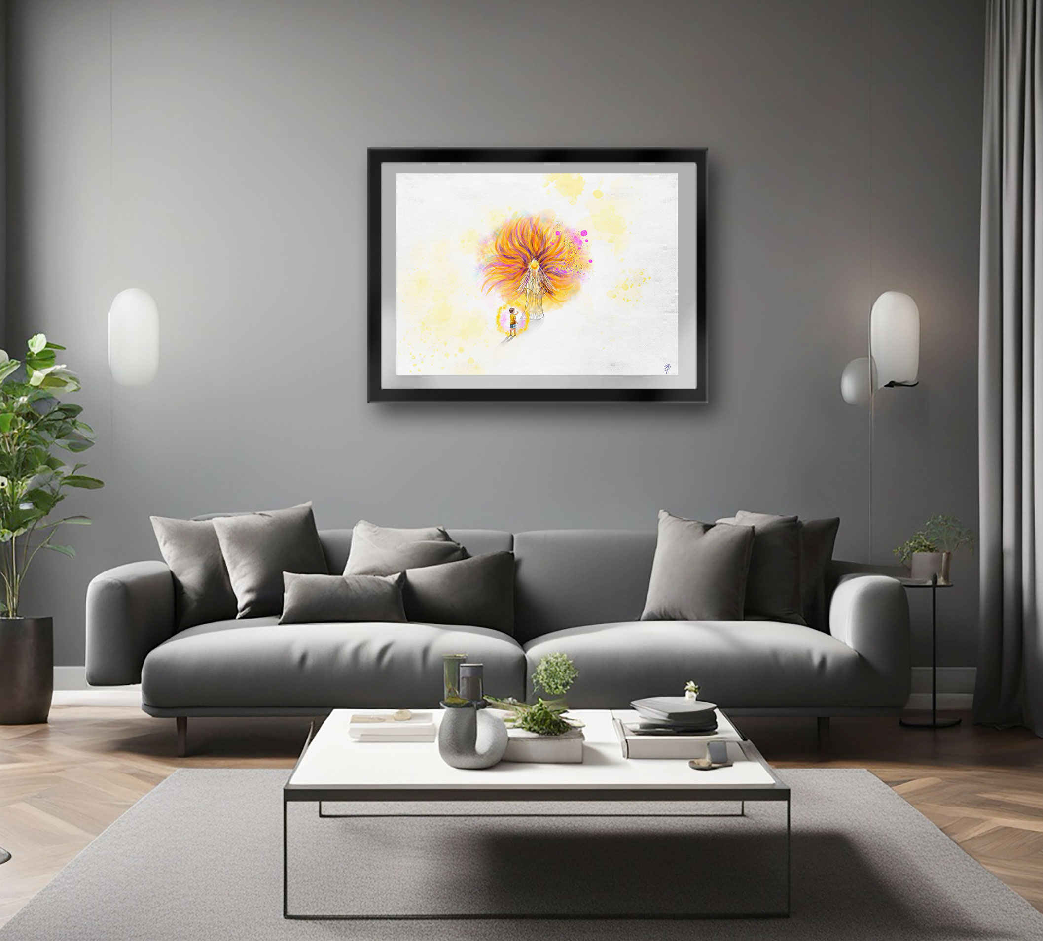 Ser de luz / Being of Light, fine Art Giclée Print displayed in a modern living room.